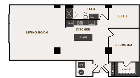 Floor plan for 1 bed, 1 bath, 1224 sqft